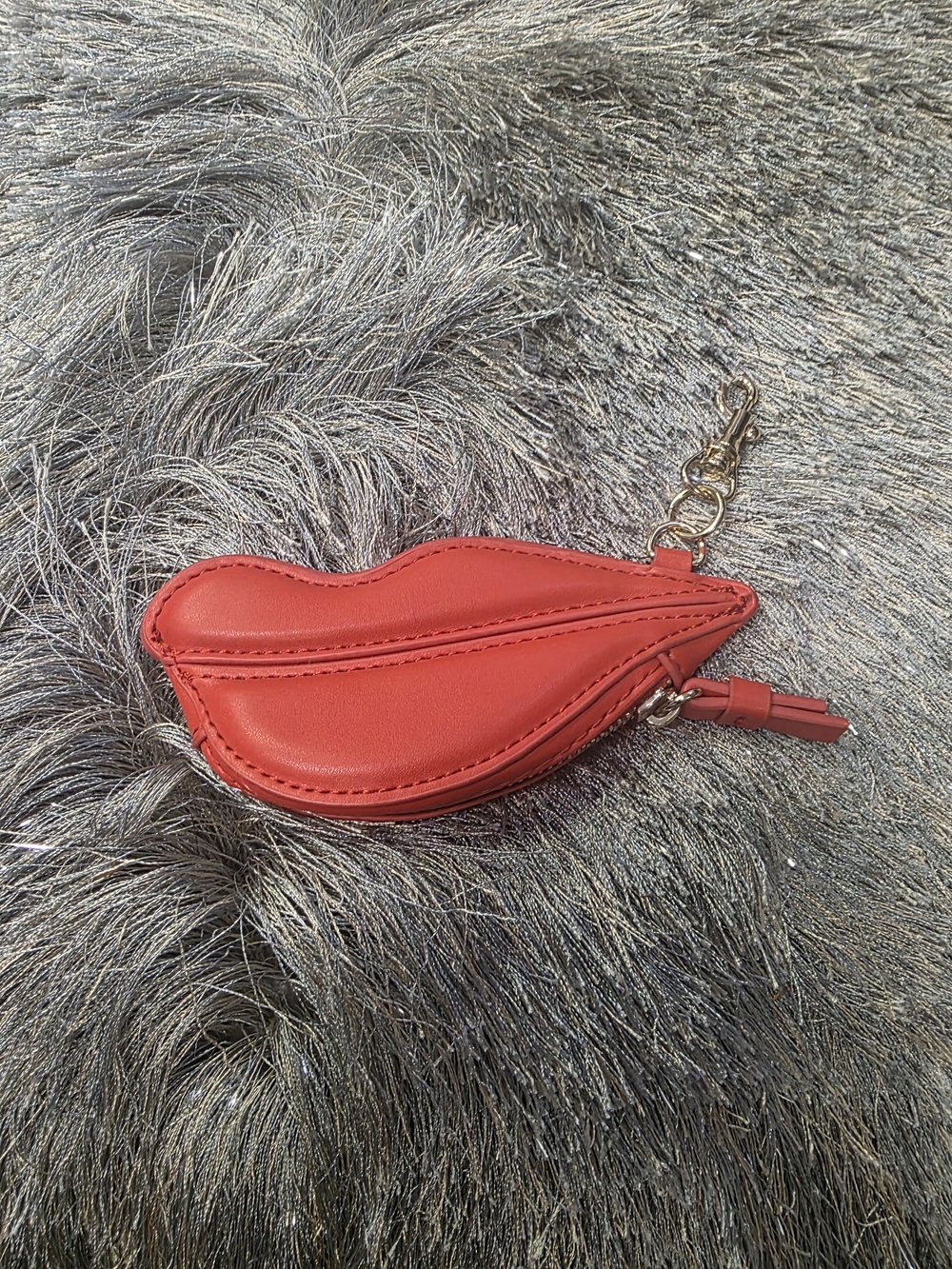 Red Lip-Shaped Leather Keychain Pouch